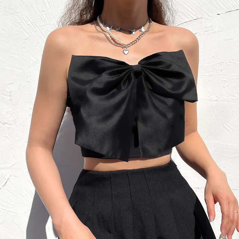 

Summer Fashion Slim Sexy Club Solid Color Bow Sleeveless Girl Crop Top Women Skinny Short Strapless Tank Top Black Bustier Top