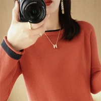 spring new stitching knitted sweater womens hollow round neck thin loose long sleeved all match top