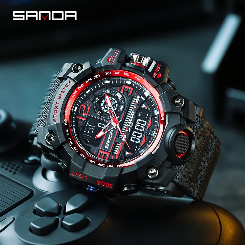 

SANDA New Sport Watch Men Quartz Electronic Watches Waterproof 5Bar Dual Time Men's Military Watches Shock Resistant Alarm Clock