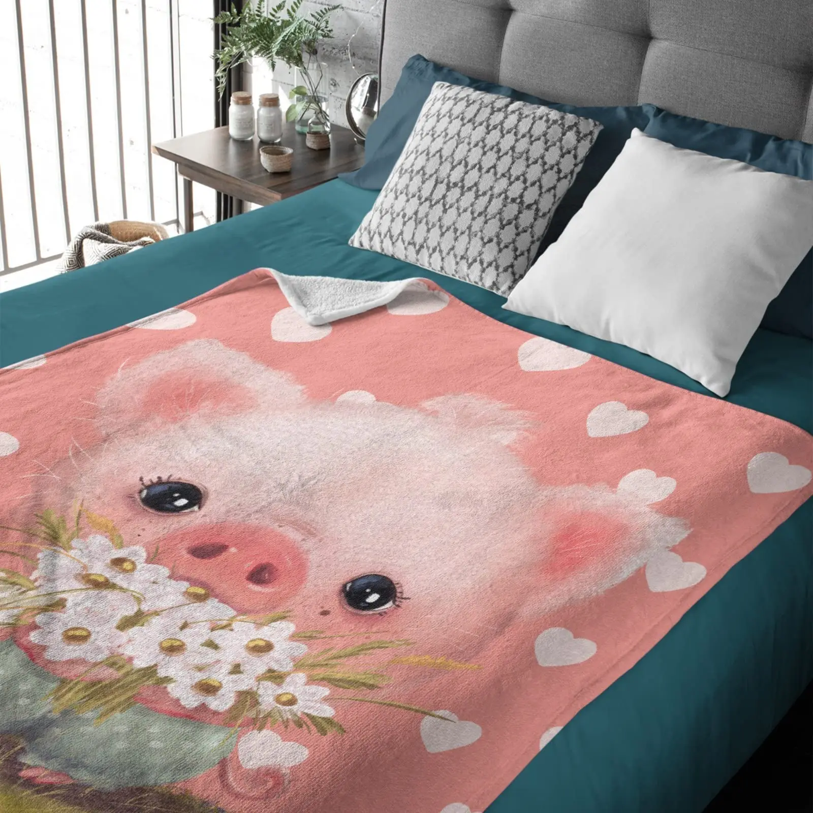 

Cute Pig Blanket Kawaii Cartoon Piggy Hearts Pink Lightweight Soft Bed Blanket Plush Bedspread Flannel Fleece Nap Throw Blankets