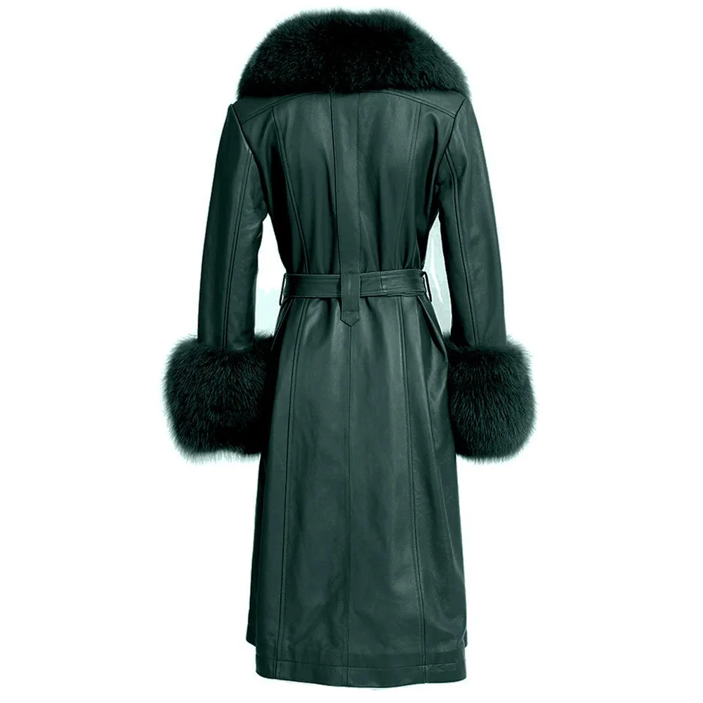 Denny &amp Dora темно-зеленый женский длинный плащ из натуральной кожи с воротником