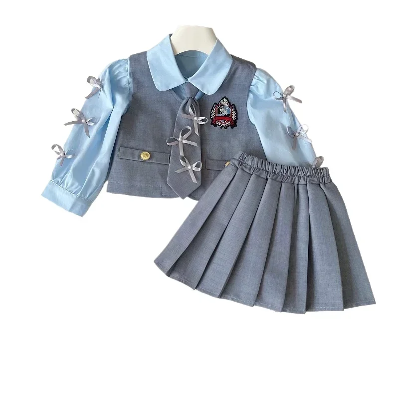 garnitury dziewczęce jesienno-wiosenna koszula z długim rękawem + kamizelka spódnica moda dziewczynka sukienka sukienki dziecięce jesień maluch