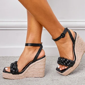 2022 Fashion Women Wedge Sandals Summer Weave Platform High Heels Open Toe Ankle Buckle Strap Party Dress Shoes Black Apricot