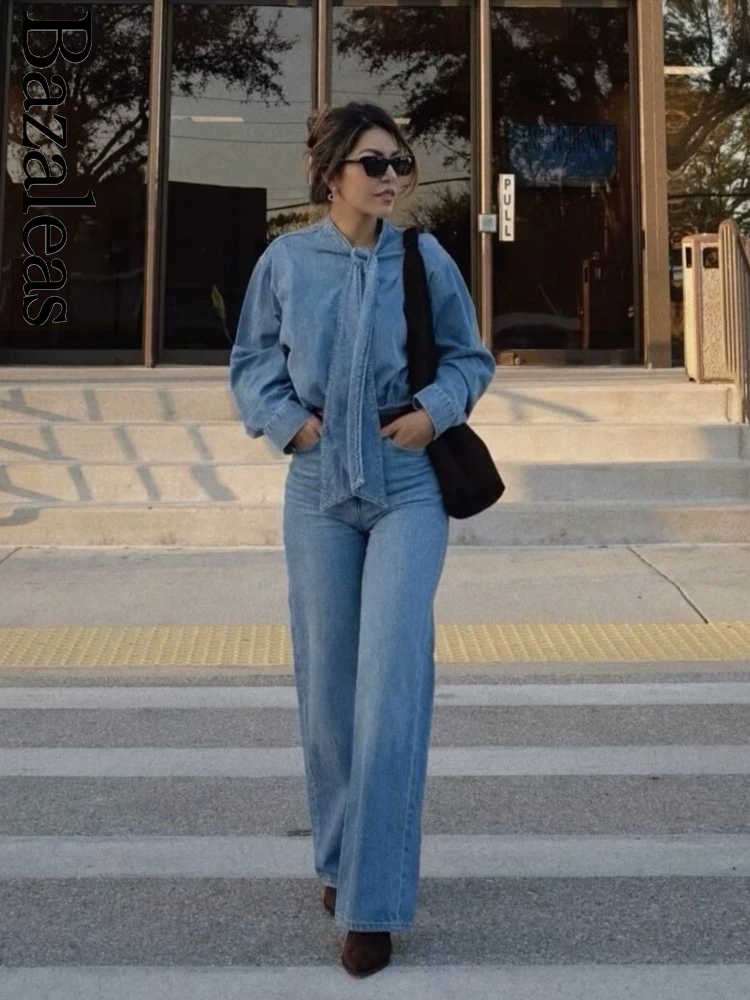 2024 женские официальные элегантные синие джинсовые рубашки Traf тонкие бандажные