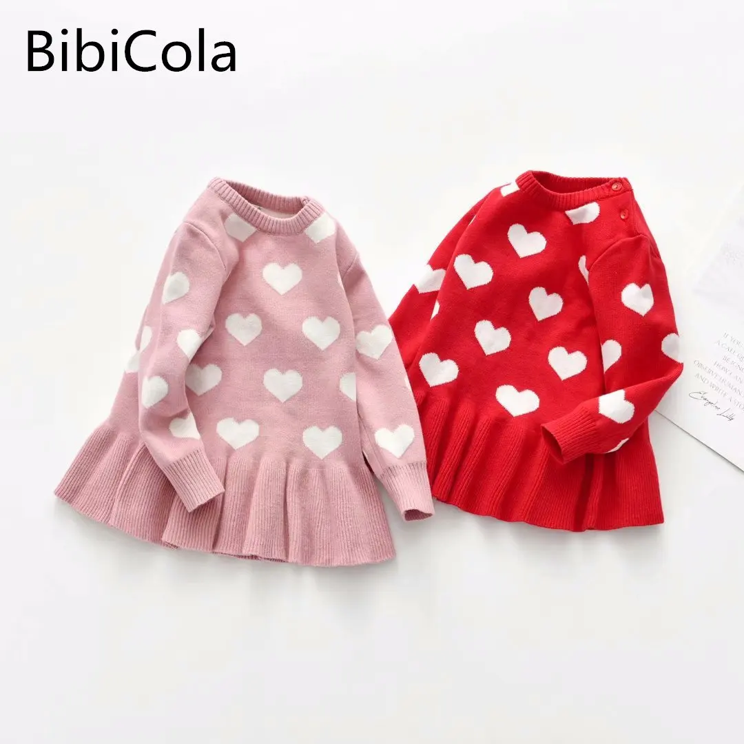 

Платье-Свитер для маленьких девочек; Коллекция 2022 года; Сезон осень-зима; Однотонные новогодние костюмы с принтом сердца; Детские милые плат...
