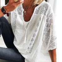 women tops blouse summer three quarter sleeve lace female shirt loose casual solid pullover thin ladies shirts pullover v neck