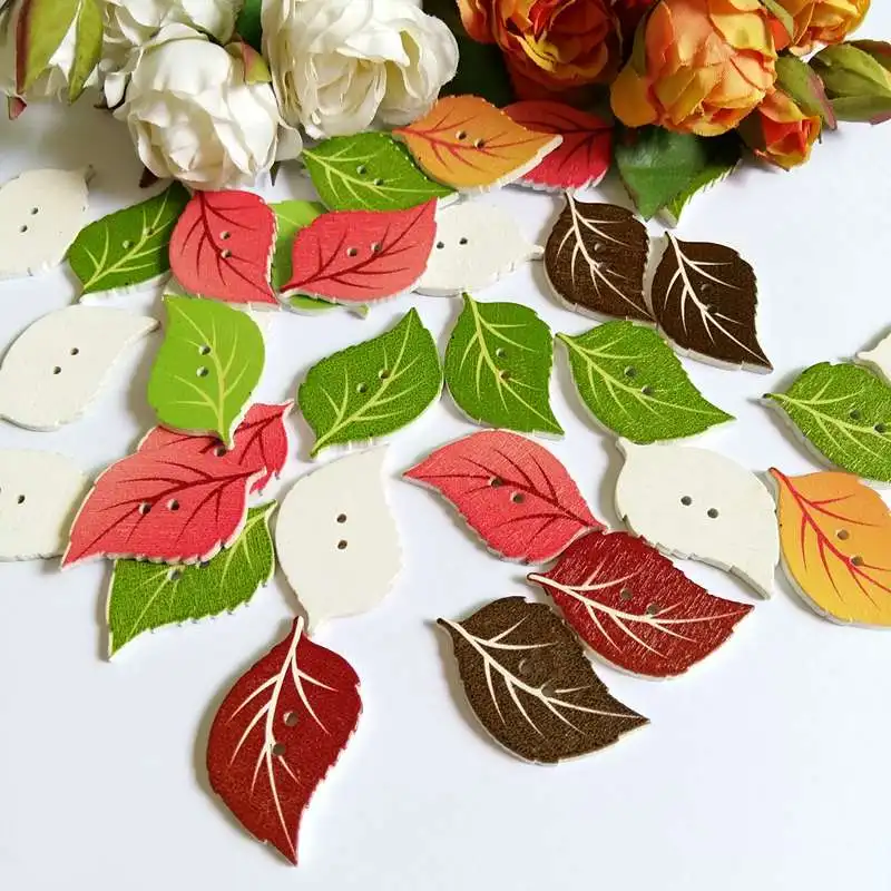 

50pcs/lot Leaves Buttons 2 Holes Mixed Sewing Accessories Wooden Bottons For Clothing DIY Scrapbooking