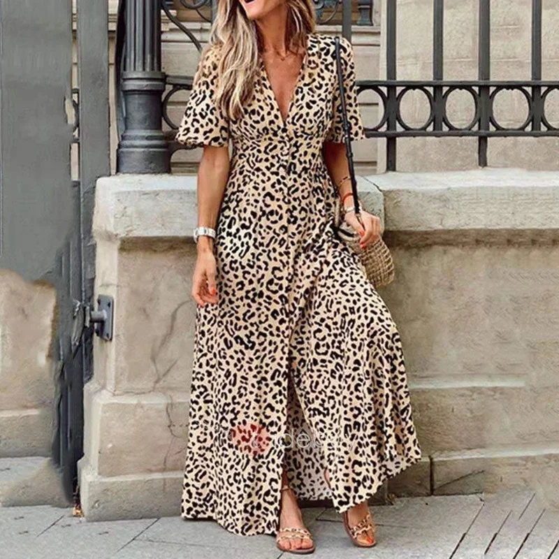 

Long Dress Women Summer Sexy Party Leopard Print Maxi Sundress 2022 High Waist Robe Elegant Short Shoulder Vestidos Robe Femme