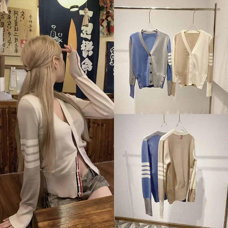 

High Quality Autumn New V-Neck Ribbon Macaron Contrast Knitted Cardigan Coat Women's Slim Fit Academy Style Spicy Girl Top