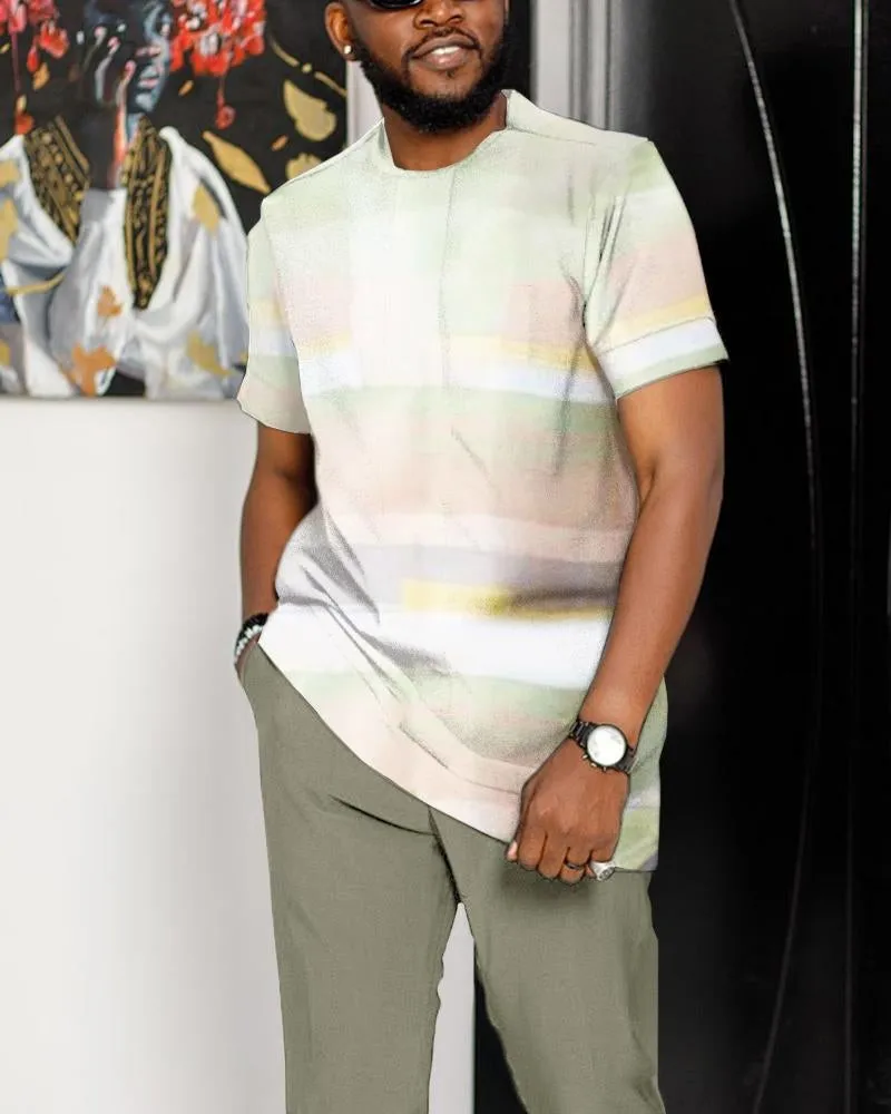 2023 Summer Tracksuit Set Men Fashion Striped Short Sleeve Shirt+Trousers 2 Piece Suit Oversized Breathable Casual Streetwear