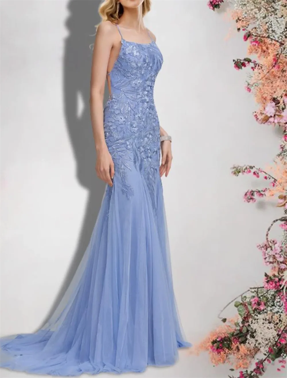 

Mermaid Trumpet Bridesmaid Dress Spaghetti Strap Sleeveless Sexy Sweep Brush Train Lace Tulle with Sequin Appliques