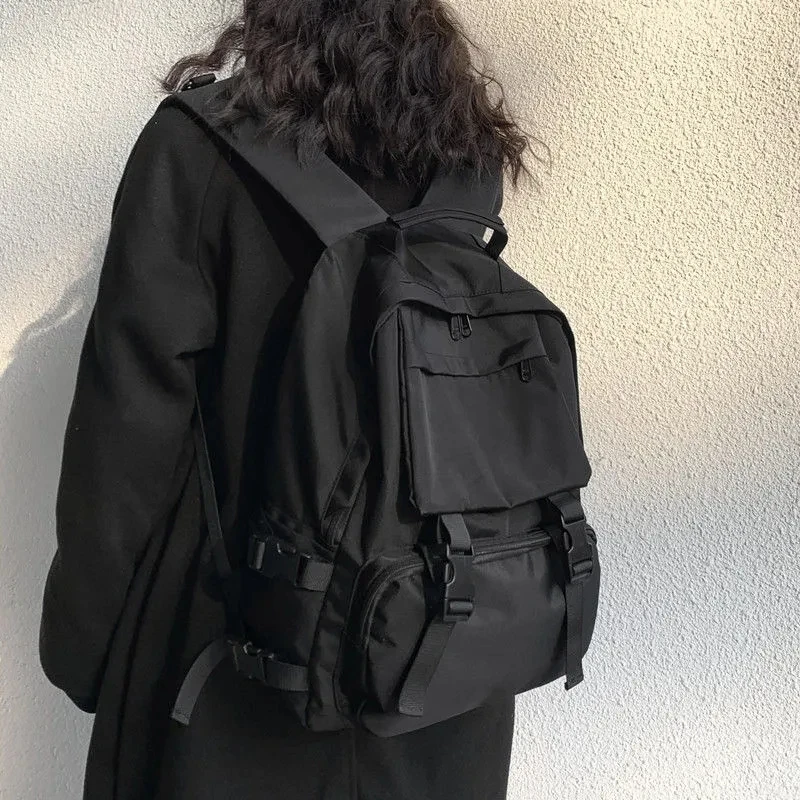 

Unisex Students Preppy Capacity Backpacks Street Fashion Bag Travel Backpack Retro Large Simple Button Chic High Harajuku Solid