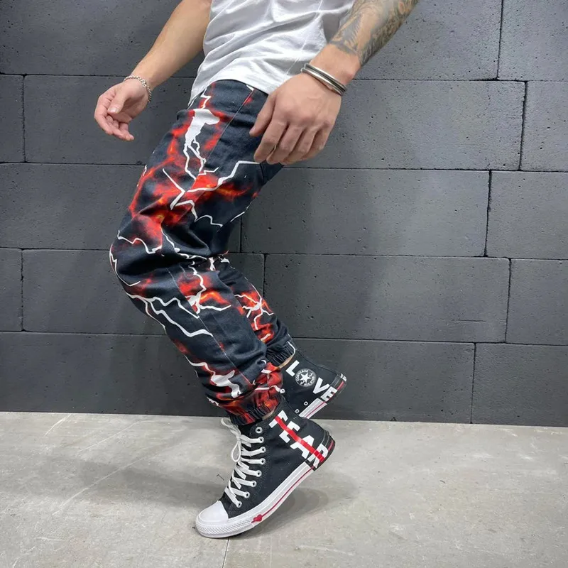 

Spring Pattern Lightning Printing Pants Business Men Casual Buttoned Design Suit Pants Autumn Pocket Man Leggings Harajuku