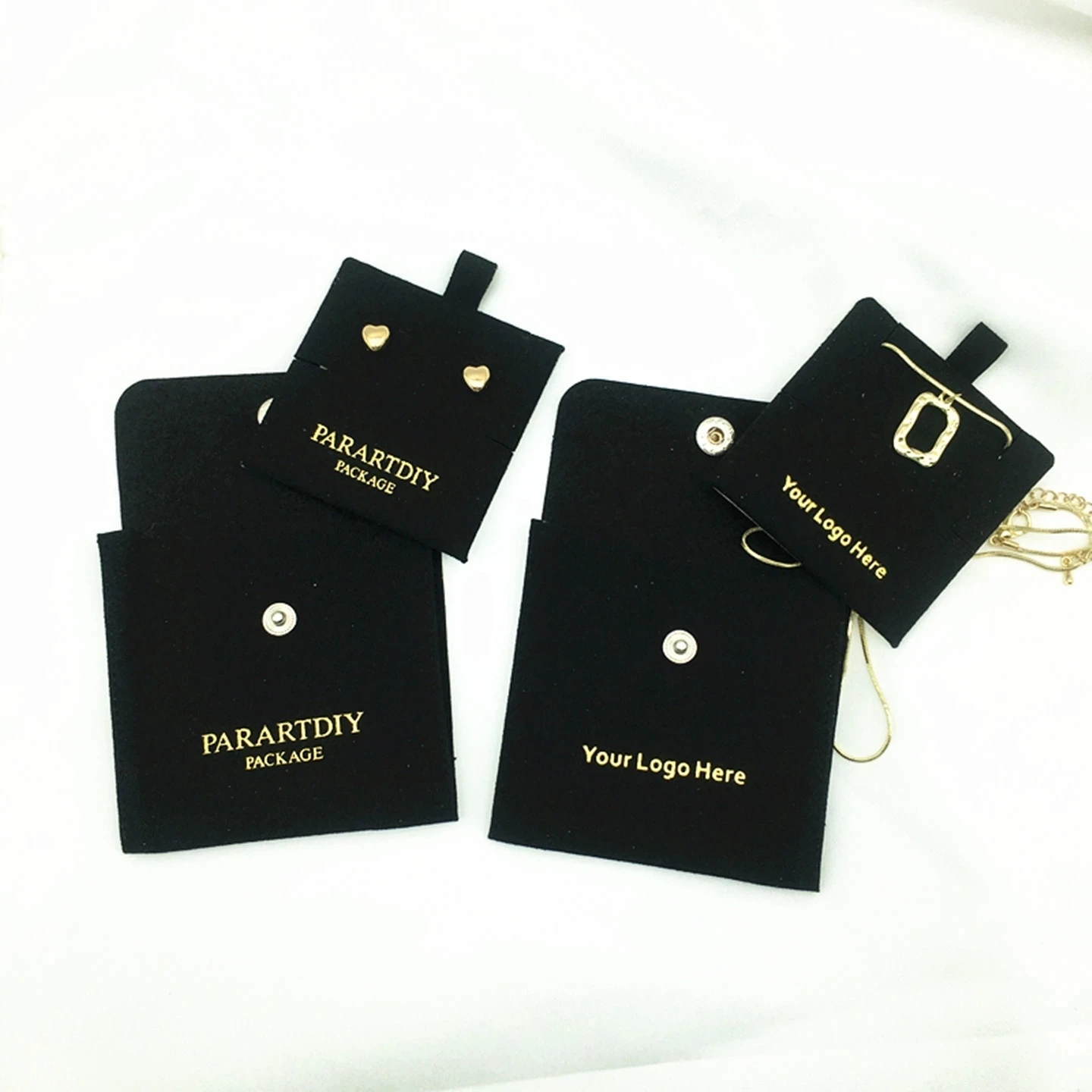 50 black microfiber jewelry bags with buttons earrings necklaces insert cards custom logo fashion bags