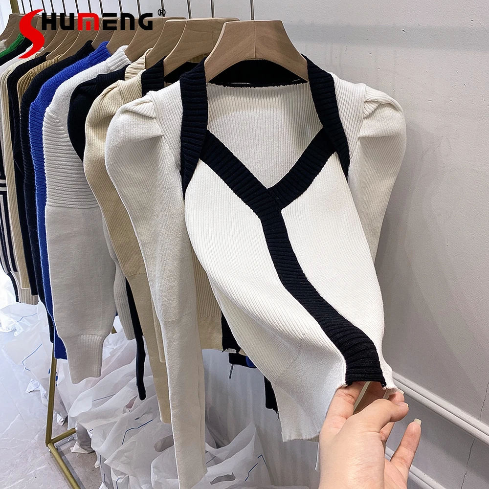 

Contrast Color Knitwear Women's New Autumn and Winter Slimming Sweater Long Puff Sleeve All-matching V-neck Bottoming Shirt