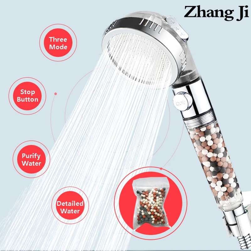 ZhangJi 3 Modes Adjustable High Pressure Shower Head Tourmal