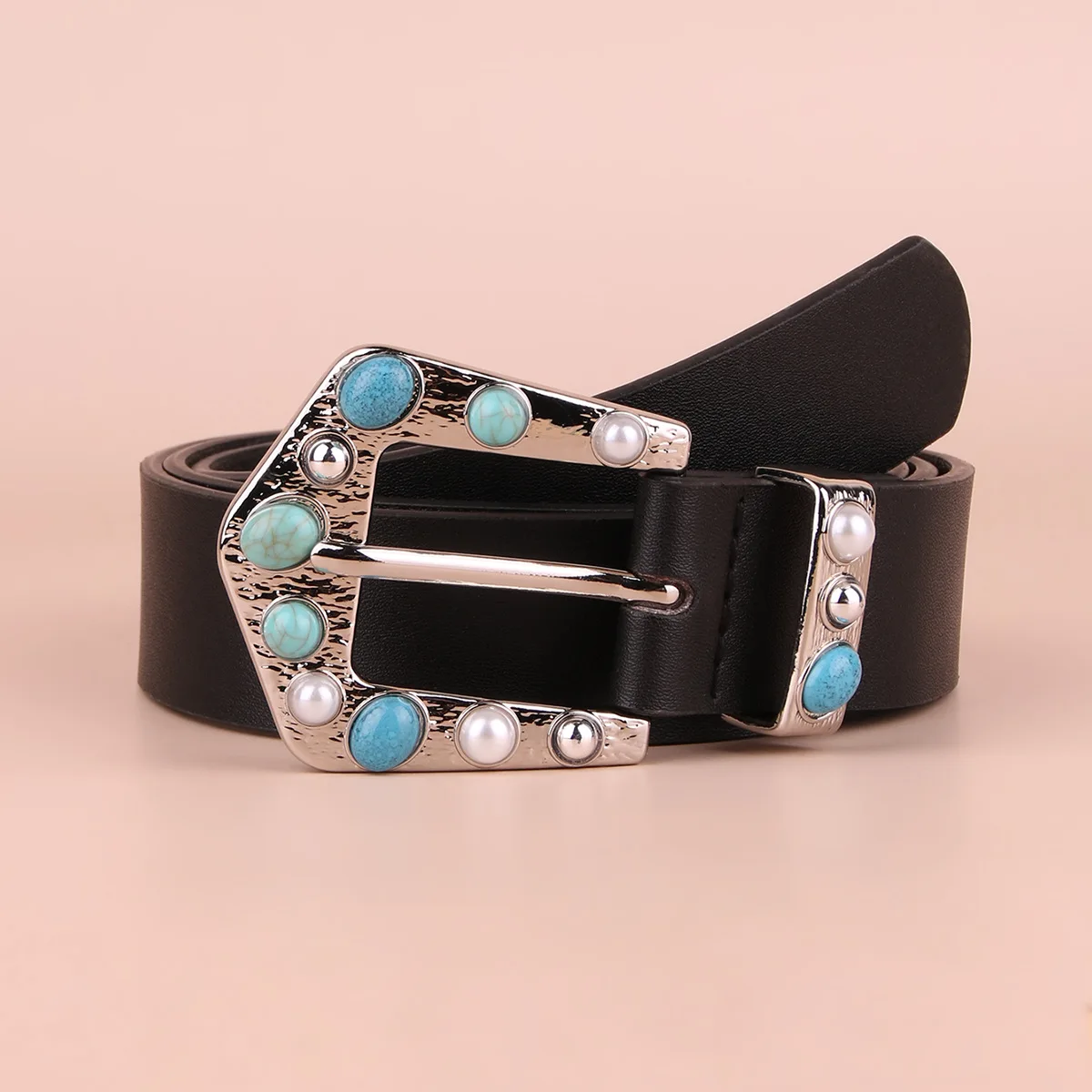 

2022 Blue Gemstone Inlaid Retro Classic Black Belt Women