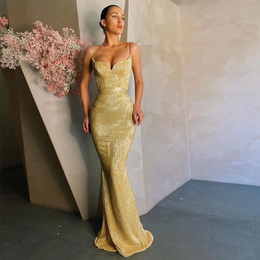 

Женское вечернее платье-русалка, золотистое платье на бретелях-спагетти без рукавов с поясом и блестками, 2022