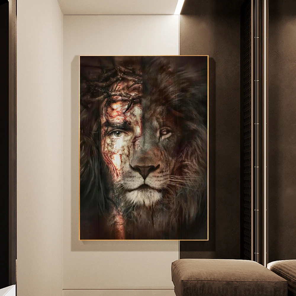 

Lion and Jesus Canvas Painting Modern Religion Posters and Prints Wall Art Animal Pictures for Living Room Home Decor No Frame