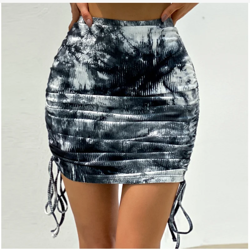 Women's stretch pleated knit Mini skirt For womens pit side drawstring sexy tie-dye bag hip skirt female Pencil Cotton skirts