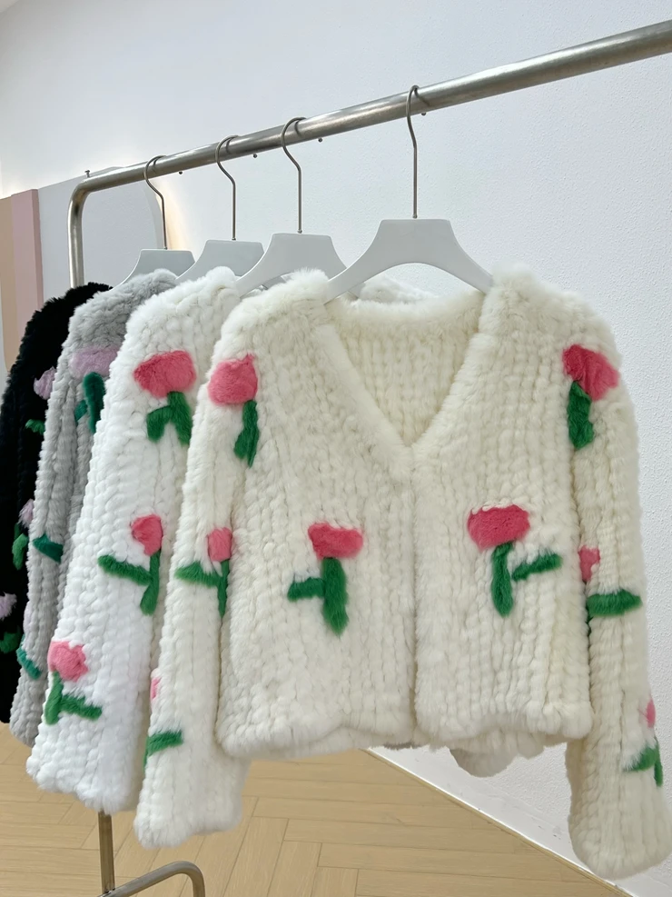 Autumn Winter Women Real Fur Coat 100% Natural Rex Rabbit Fur Jacket Short Loose Floral Knitted Outerwear Fashion Streetwear