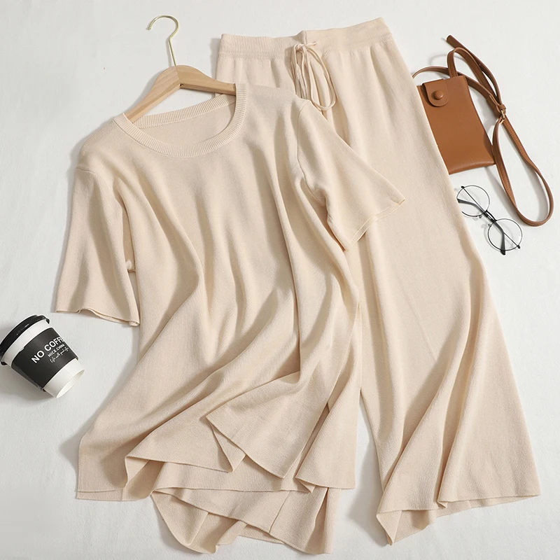 

Korean Women 2 Piece Sets Irregular Split T-shirts Tops with Loose Wide-leg Pants Summer Knitted Two-piece Female Sportsuits