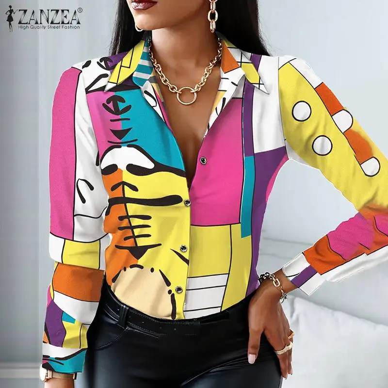 

2022 Fashion Women Spring Color Printed Shirt Bohemian Blouse ZANZEA Elegant OL Tops Casual Lapel Neck Long Sleeve Holiday Blusa