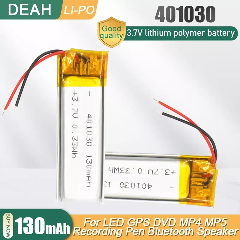 

401030 3.7V 130mAh Lithium Polymer Rechargeable Battery For GPS MP3 MP4 MP5 Toy Bluetooth Earphone Smart Band Li-Po Li ion Cell