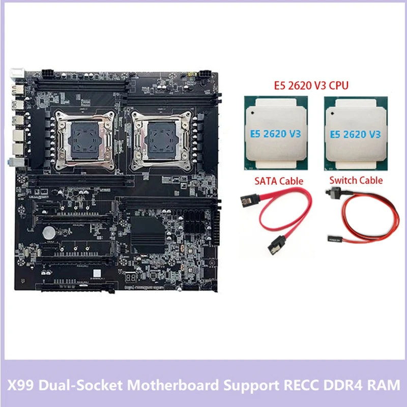 

X99 Dual-Socket Motherboard LGA2011-3 Dual CPU Support RECC DDR4 Memory With 2XE5 2620 V3 CPU+SATA Cable+Switch Cable