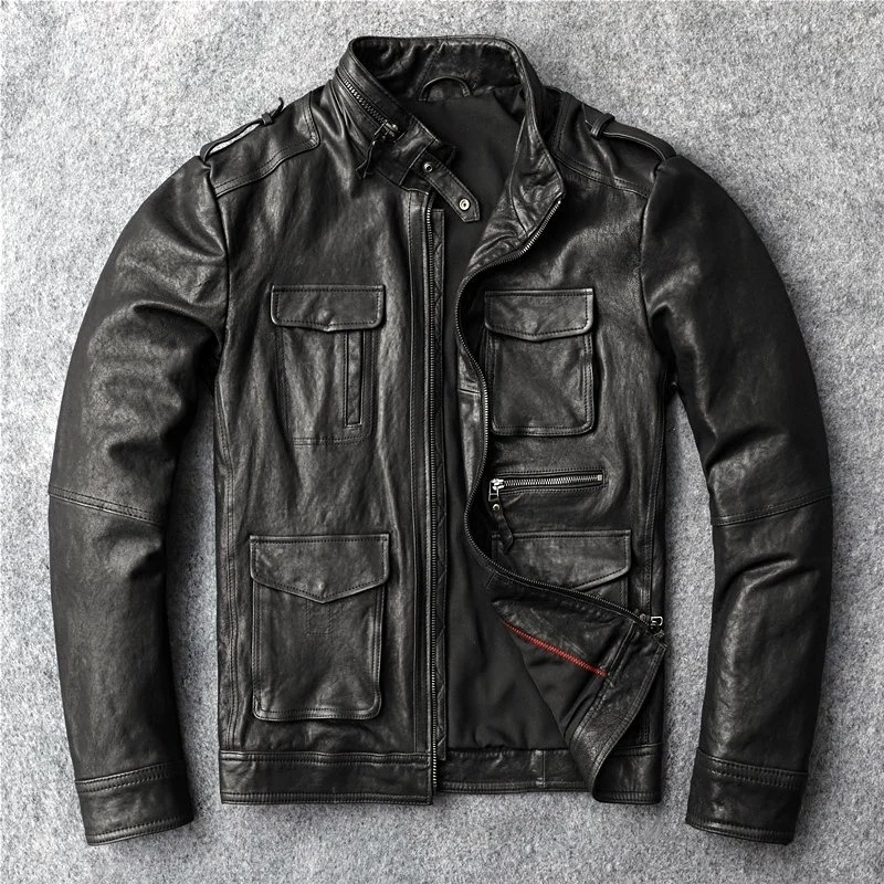 

2022 New Leather Jacket Men's Genuine Leather Slim Sheepskin Motorcycle Leather Jacket Multi-Pocket Tooling Jacket