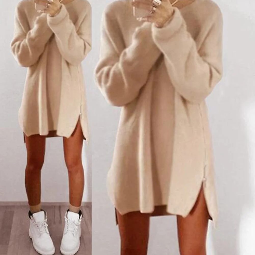 

Women's long sleeved sweater, sexy clothing, round neck, side zipper, loose, casual, knitting
