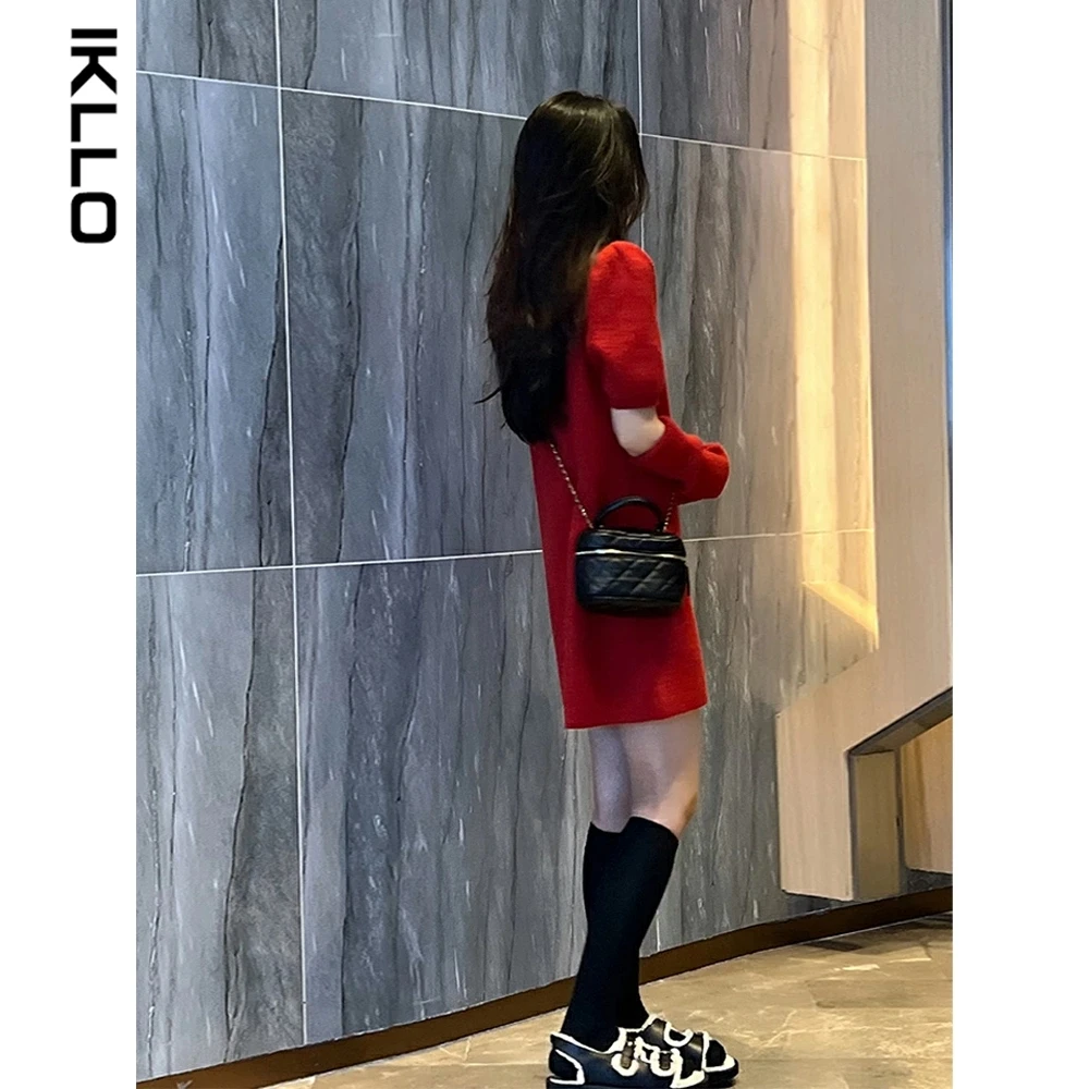 Осень-зима 2023 новогодний халат Красное вязаное платье Рождественская Женская