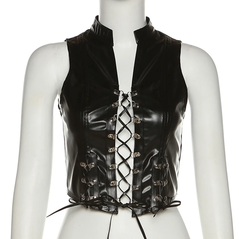 

Q1FA Women PU Patchwork Tank Tops Gothic Rivet Bandage Crop Top Skinny Vest Sleeveless Stand Collar Top for Summer Streetwear