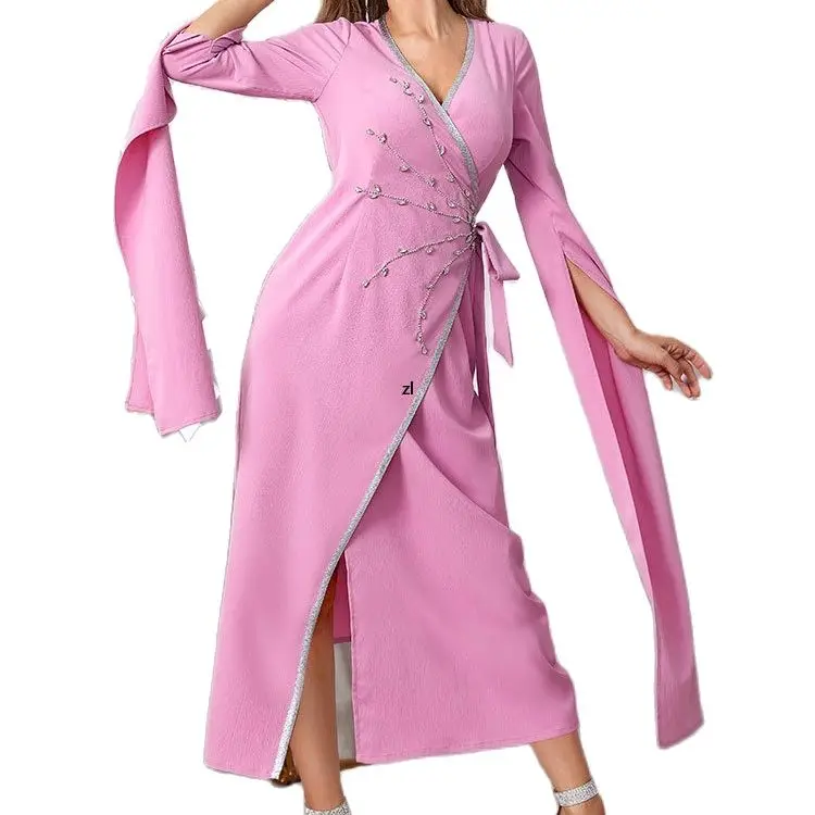 Wrap Waist Evening Long Dress for Women Handsewn Rhinestones Moroccan Party Kaftan Gulf Jalabiya Dubai Abaya Gown Arabic