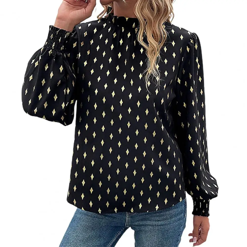 

Blouse Women Half High Collar Ruffle Trim Lantern Long Sleeve Bronzing Print Shirt Elegant Top Blouses for Women Streetwear