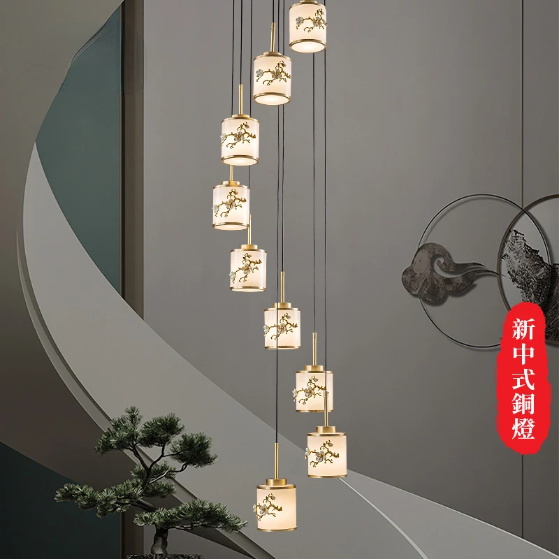 

New Chinese Style Staircase Long Chandelier Copper Chinese Style Villa Duplex Building Lamp Hotel Engineering Creative Rotationa