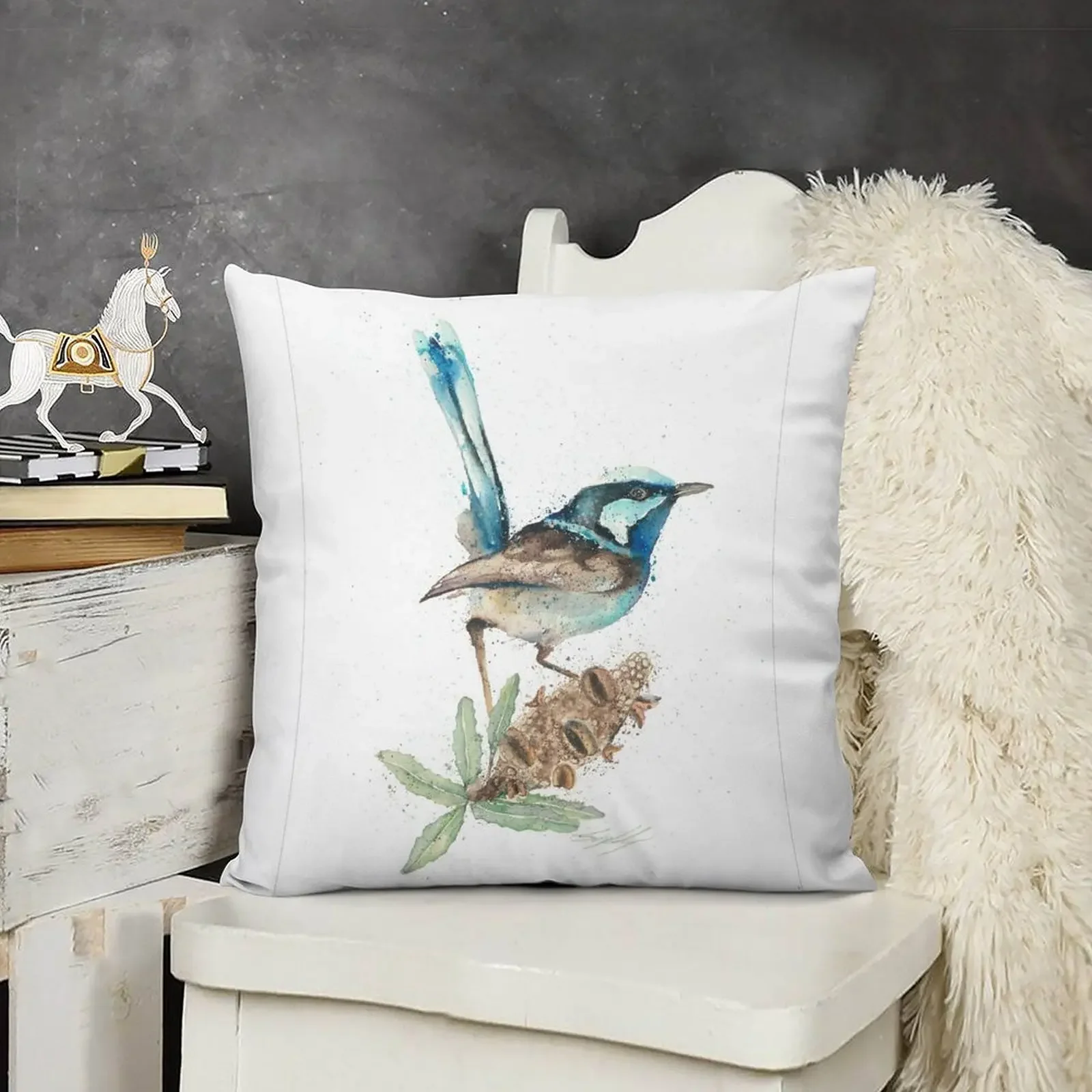 Blue Wren - австралийская акварельная птица художественная подушка наволочка