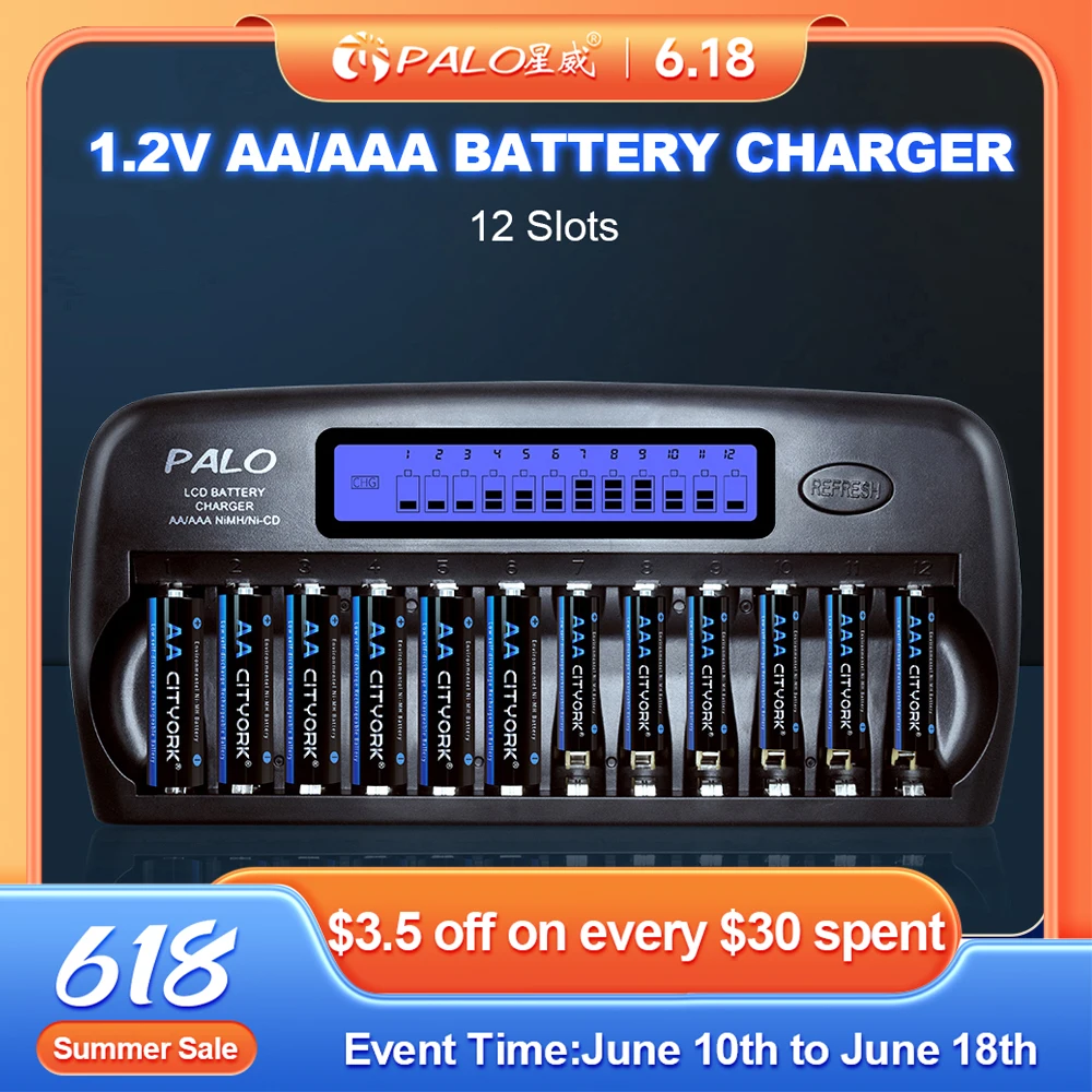 PALO 8-16 slots LCD display Intelligent Battery Charger Fast charge Device for 1.2V AA AAA Ni-MH NiCd 2A 3A Rechargeable battery