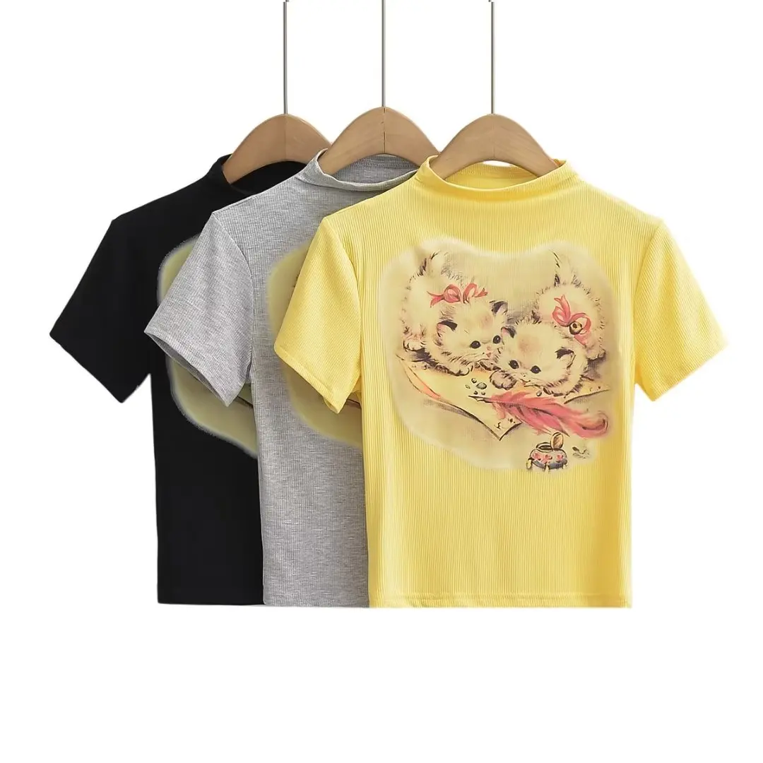 

Sivatu Traf T Shirt for Women Y2k Style Slim O-neck Kawaii Cats Shirts for Women Short Sleeve Tee Woman T-shirts Female Tops