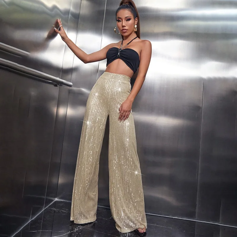 

High Waisted Glitter Pants for Women 2023 Spring Summer Clothing Sparkly Sequin Loose Wide Leg Trousers Party Clubwear