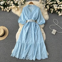 womens elegant puff sleeve v neck long dress summer short sleeve single breasted hollow out dress lady solid color vestidos