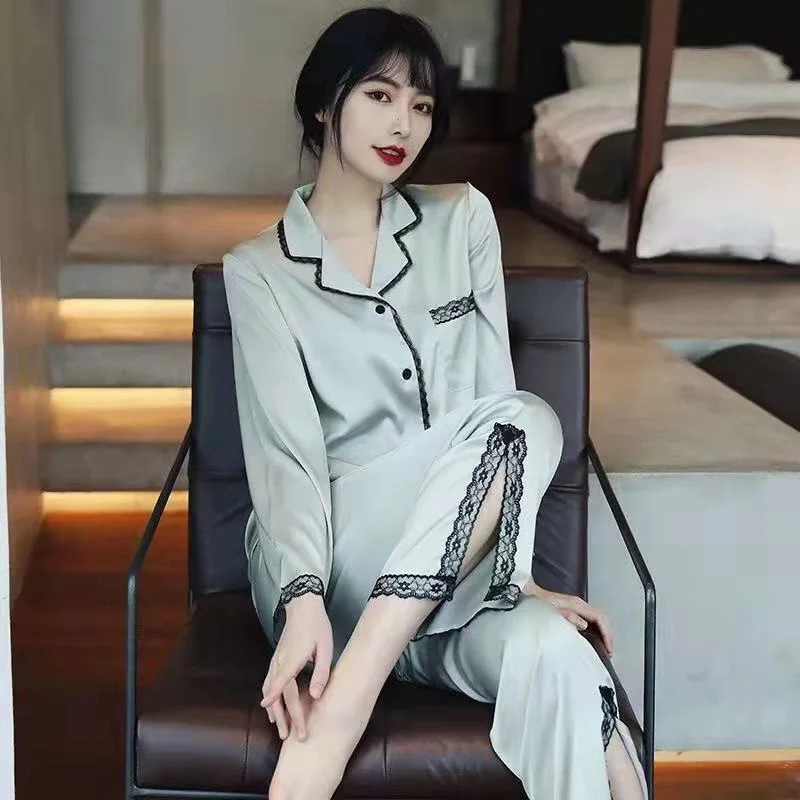 Pajama Sets Women Long Sleeve Sexy High-end Ice Silk Sleepwear Cardigan Lace Patchwork Homewear Korean Fashion Lady Pajamas