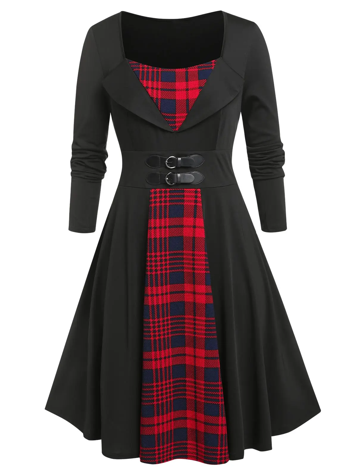 

ROSEGAL Vintage Plaid Fit And Flare Dress Female Autumn Winter High Waist Long Sleeves Rockabilly Pin Up Swing Dresses Vestidos