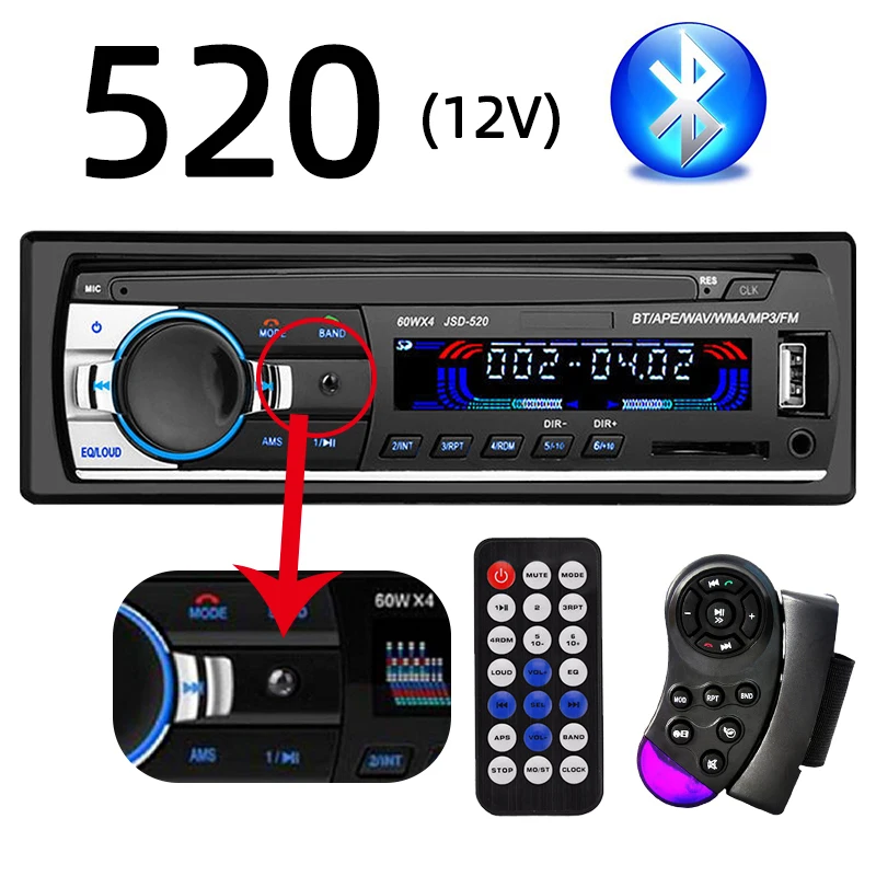 Car Radio 1DIN USB MP3 Player SD Card Bluetooth FM Receiver 520 12V WMA/WAV Cheap 4*60W EQ with Steering Wheel Remote Control |