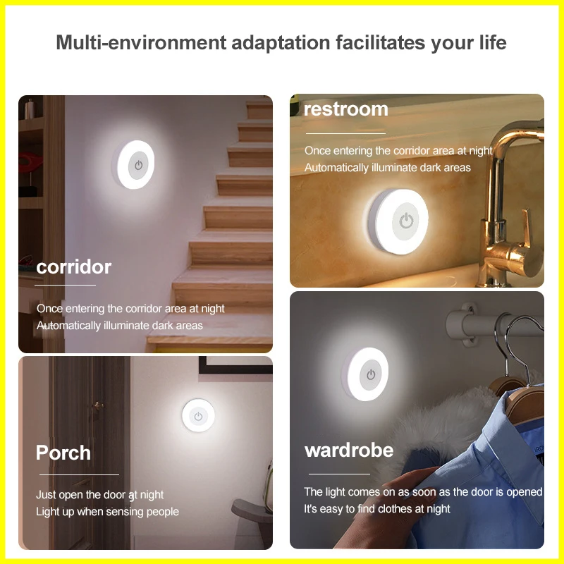 

Wireless Led Night Light 0.6w Round Wall Lights Usb Rechargeable 3 Modes For Staircase Cabinet Wardrobe Closet Bedroom Lamp