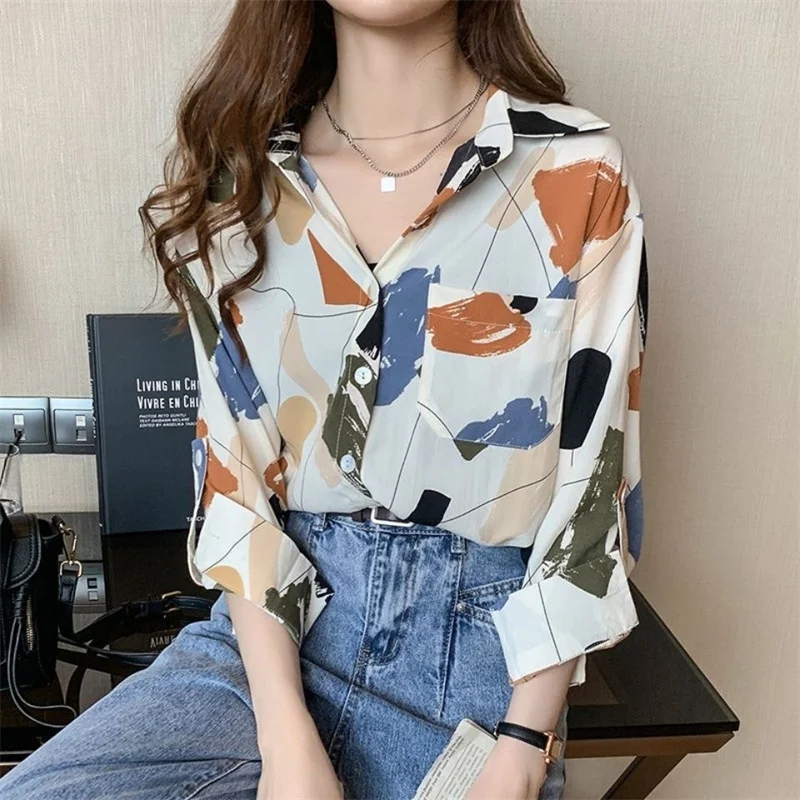 

Woman Spring Summer Style Blouses Shirts Lady Casual Long Sleeve Turn-down Collar Printed Blusas Tops DD9542