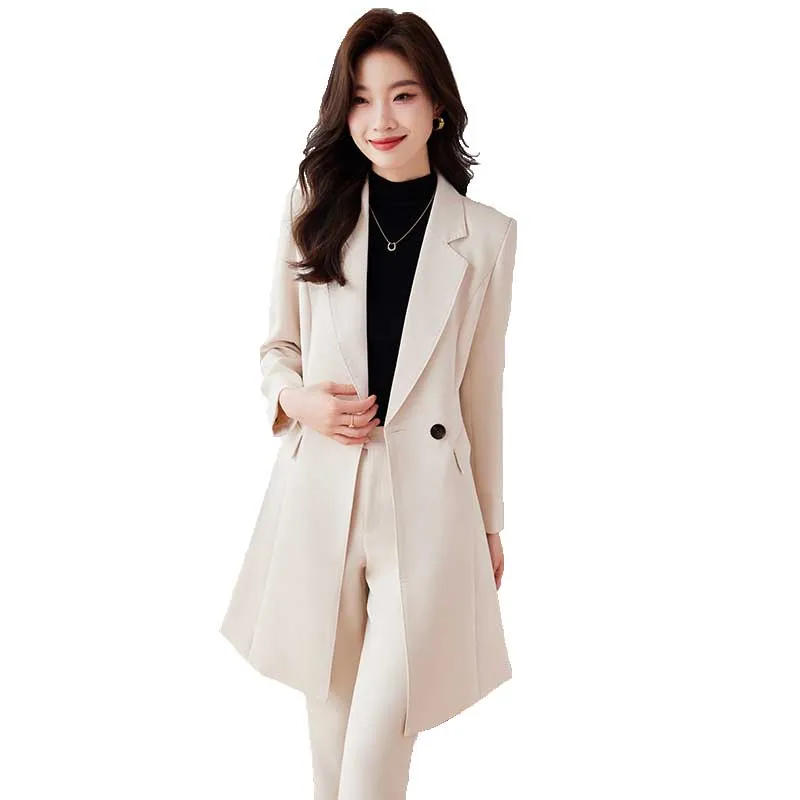 

High Quality Women's Long Suit Pants Two-piece Set High-end 2023 New Autumn and Winter Solid Long-sleeved Jacket Slim Trousers