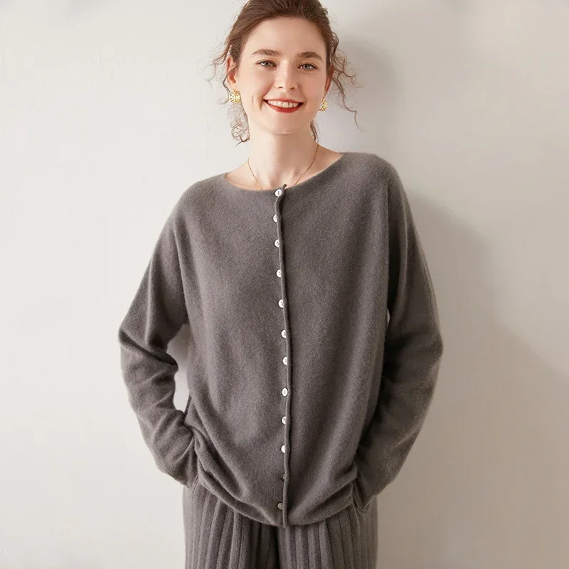 Женский кашемировый свитер из овечьей шерсти трикотажный кардиган с круглым