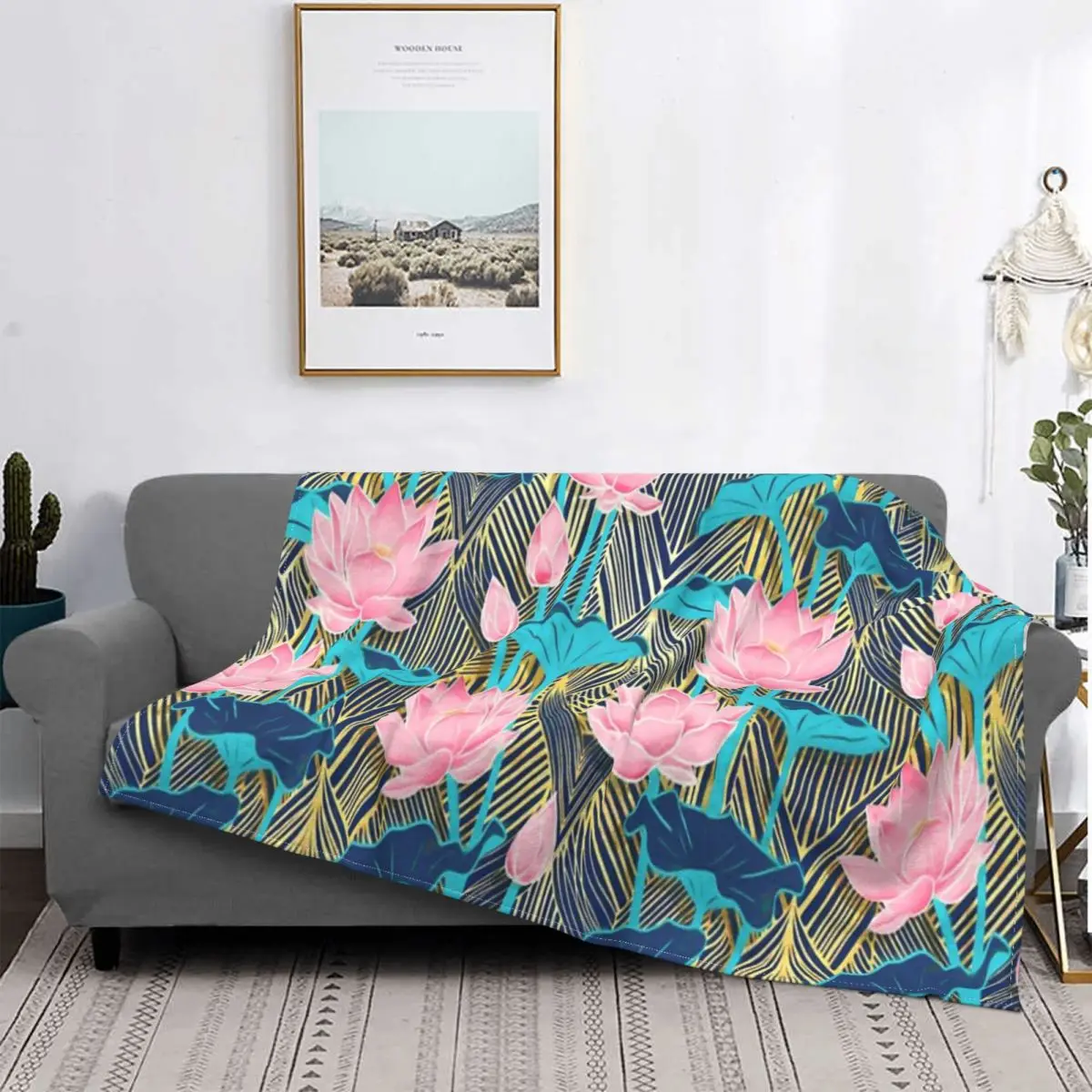 

Art Déco-Manta con flores de loto en rosa y azul marino, para cama colcha, edredones a cuadros, cubierta de playa, manta térmica