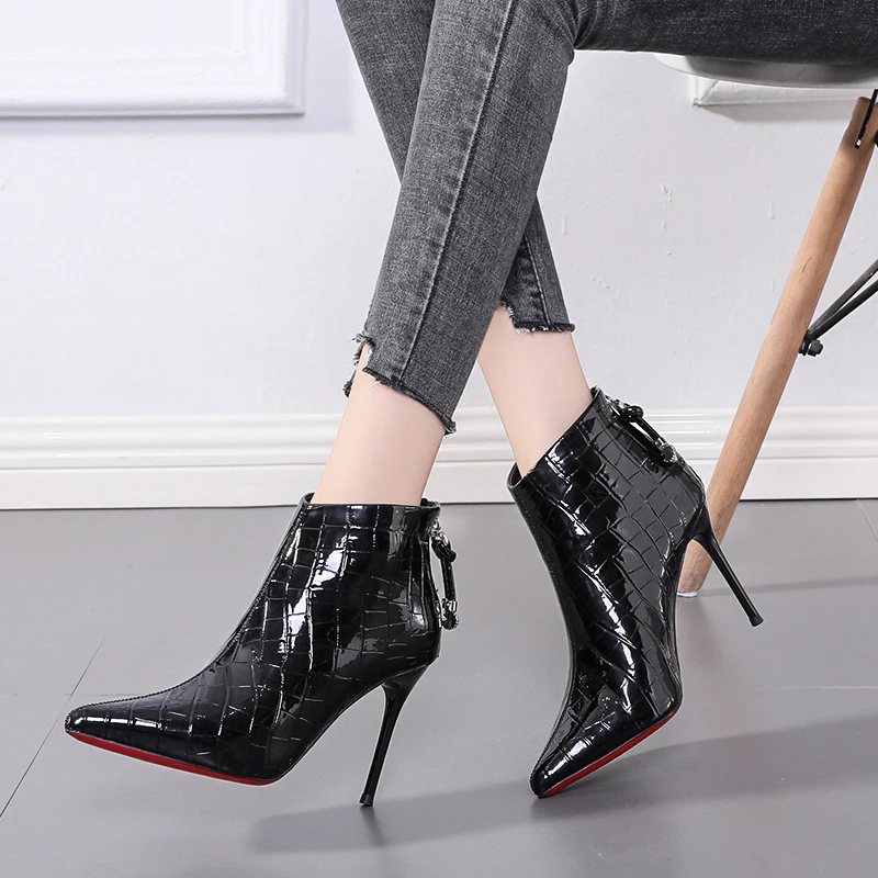 Pointed Crocodile Bright Leather Back Zip Woman Boots Pure Black Sexy Ankle Boots Stiletto High Heels Short Boots Autumn Winter